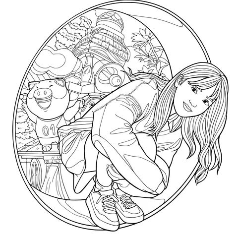 A Fun Scene of a Girl and a Cartoon Pig