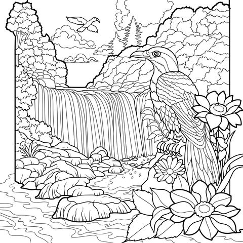 瀑布旁的鸟儿