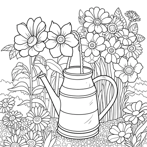 Watering Can and Blooming Flowers in the Garden