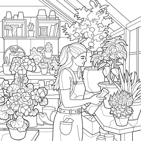Woman tending to flowers in a greenhouse