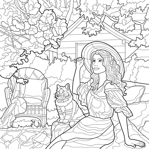 Lady and Cat in the Garden
