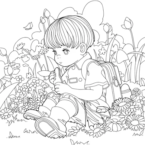 Little boy eating snacks among the flowers