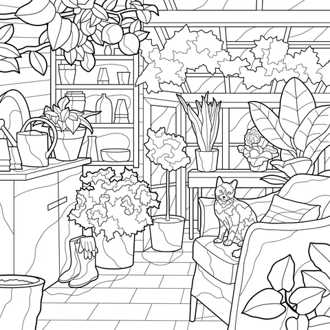 Cat and Green Plants in the Greenhouse