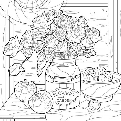 Colorful Roses in a Vase and Fruit Still - life