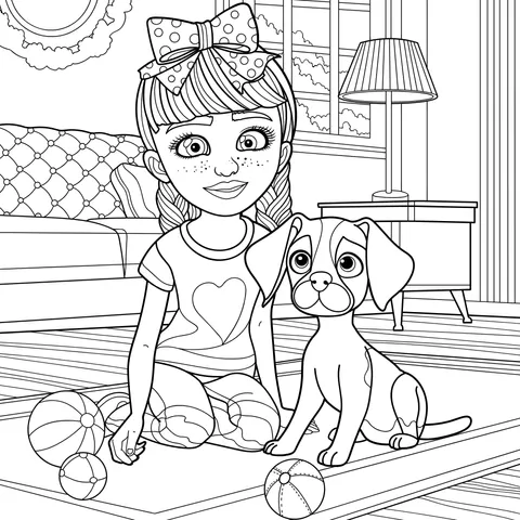 A girl playing with a puppy in the room