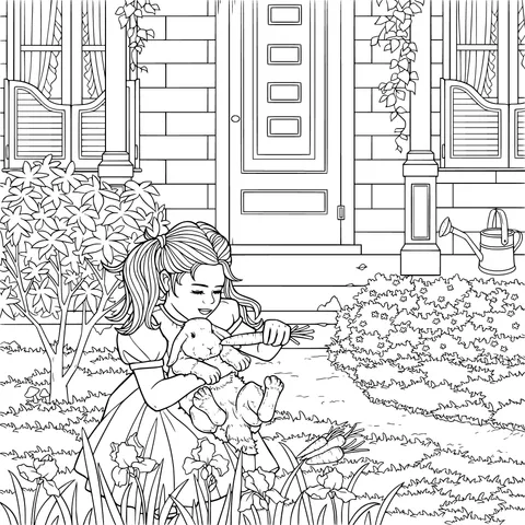 Girl feeding a teddy bear a carrot in the front - yard garden