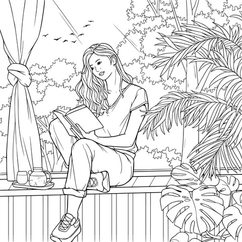 Woman reading surrounded by greenery
