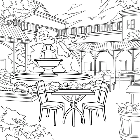 Fountain and Tables and Chairs in the Courtyard