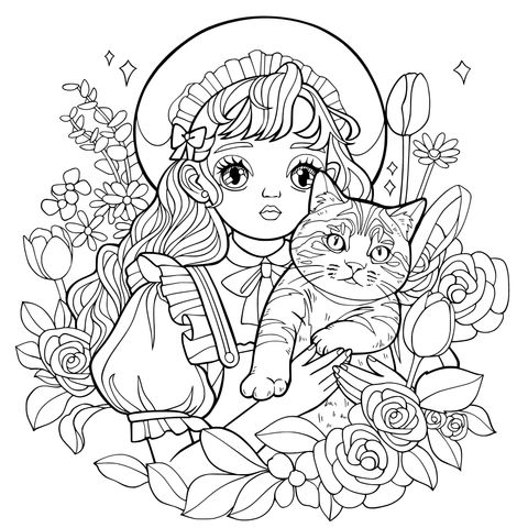 抱着猫咪的女孩与繁花