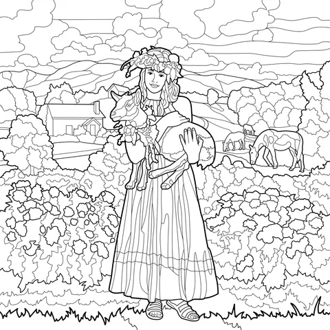 A Maiden and a Lamb in the Countryside