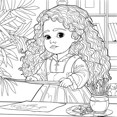 Little red - haired girl is painting