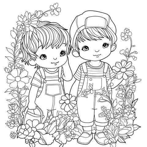 花丛中的两个小男孩