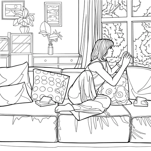 A woman in thought on the sofa