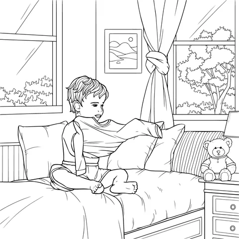 Child putting on clothes on the bed