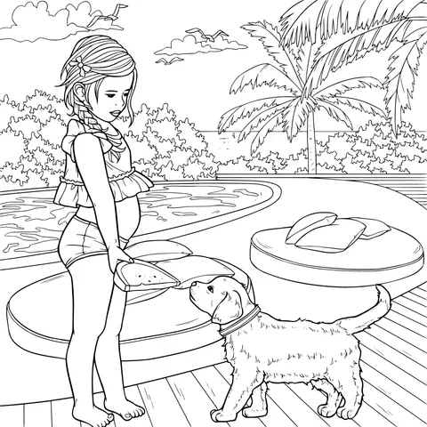 Girl and puppy sharing a watermelon by the pool