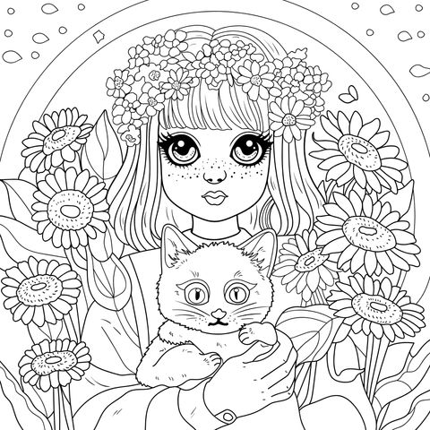 怀抱猫咪的花饰少女
