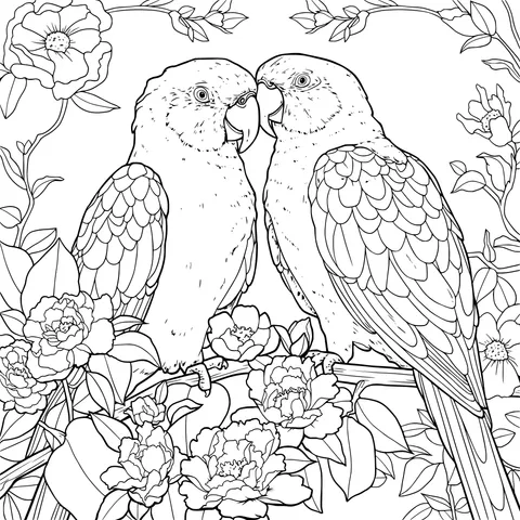 Loving Parrots and Blooming Flowers