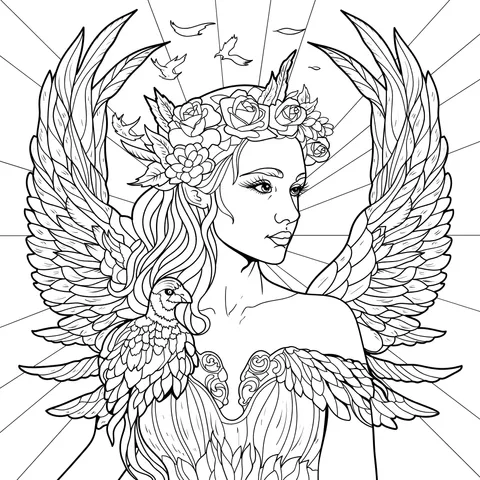 Beautiful woman with flower - wreath and wings