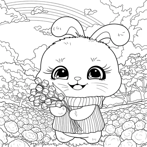 A Colorful Flower - field Journey of a Bunny Holding Flowers