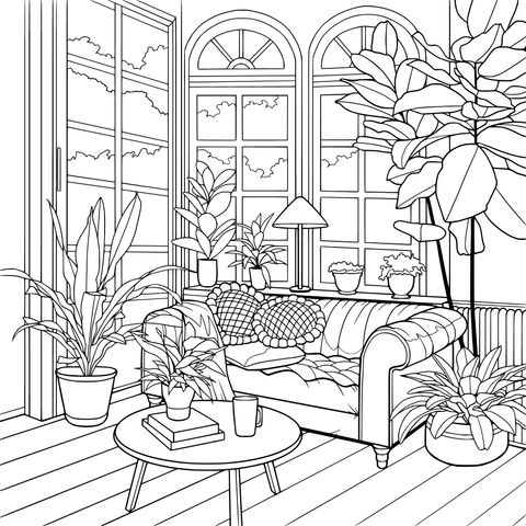 Cozy Indoor Greenery and Sofa Coloring Page