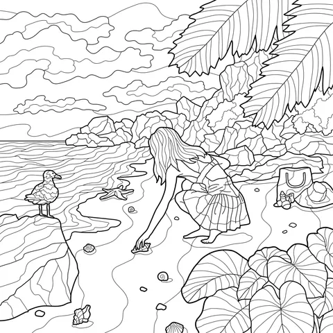 Girl picking up seashells on the beach
