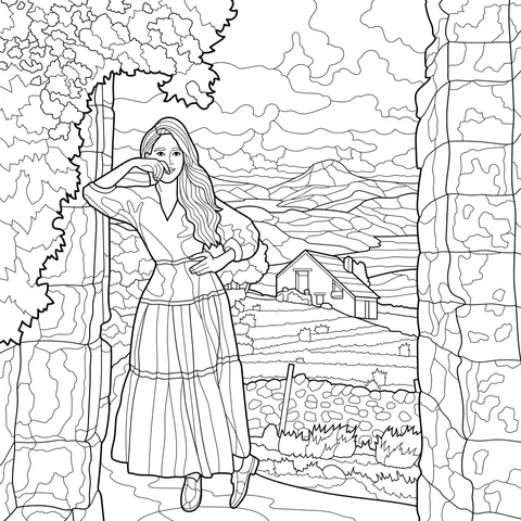 Woman standing in front of a stone archway