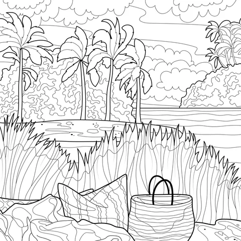Picnic setup under tropical scenery