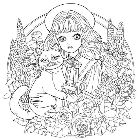 怀抱猫咪的少女与花卉