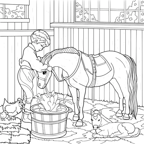 Child taking care of a horse in the stable