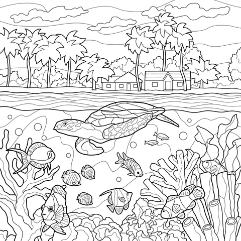 A Sea Turtle Swimming in the Underwater World with a Coastal View