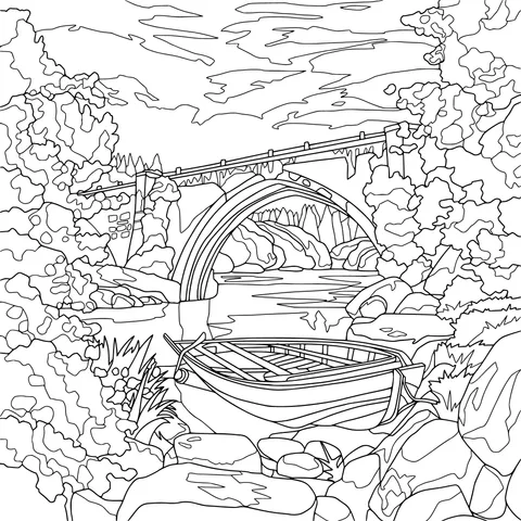 Ancient Bridge and Boat by the River