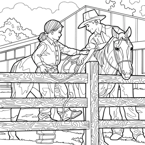 Father - daughter interaction with a horse on the ranch