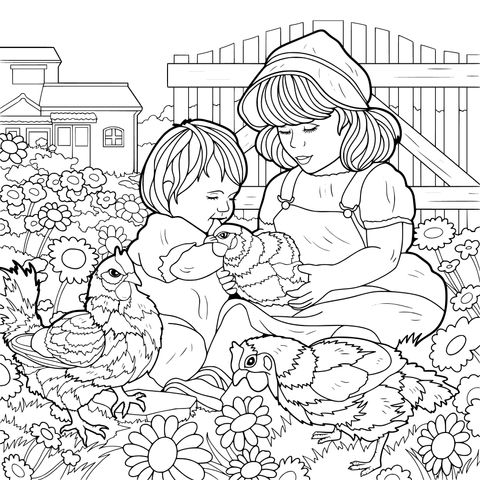 女孩与小孩在花丛中逗小鸡