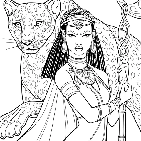African - descent Egyptian - styled woman with a staff and a cheetah