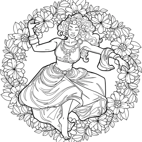 Woman Dancing Surrounded by Flower Wreaths