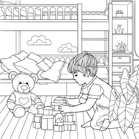 Little boy playing with building - blocks in the room