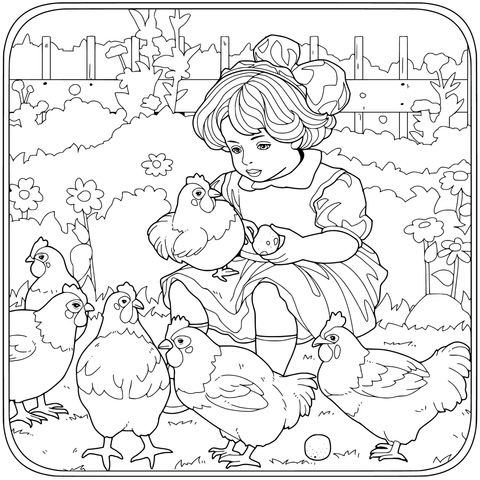小女孩与小鸡在花园