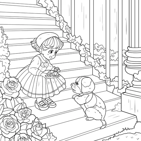 Girl feeding a puppy on the steps