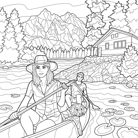 Family Rowing a Canoe by the River