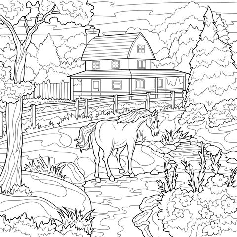 溪边的白马与乡村小屋