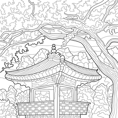 Chinese - style Pavilion under Cherry Blossoms