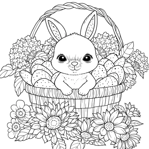 Rabbit and Easter Eggs in a Flower Basket