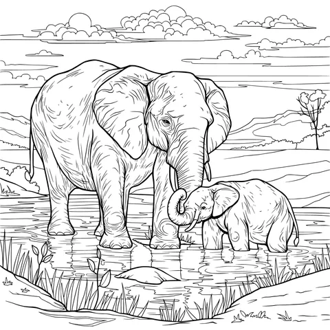 Mother - elephant and baby - elephant by the water