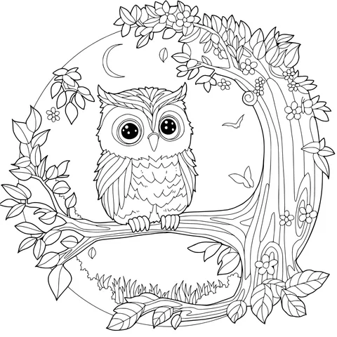 Owl on a Branch under the Moonlit Night