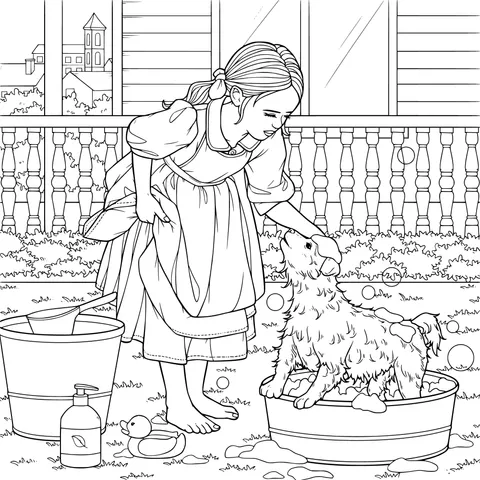 Girl bathing a puppy