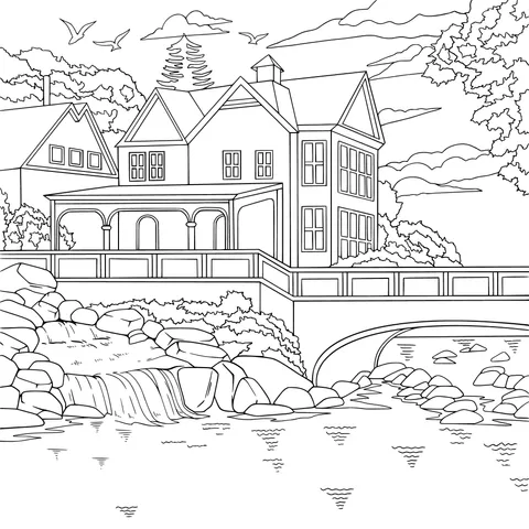Cottage by the River and Waterfall View