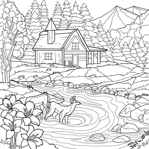 Autumn Cabin and Deer by the Stream