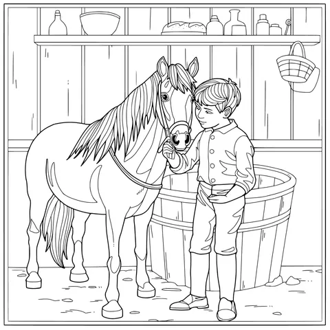 Boy interacting with a horse in a stable