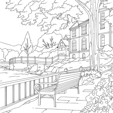 Scenery of a riverside bench