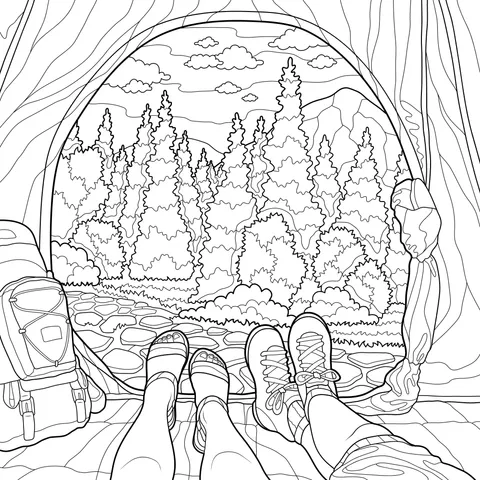 Outdoor scenery and resting feet inside the tent